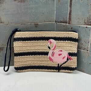 Vera Bradley Woven Straw Tan And Black Embroidered Pink Flamingo Beach Wristlet